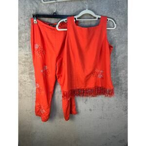 2 Piece Linen Blend Pant Set Size 10 Orange Floral Embroidered Beaded Fringe
